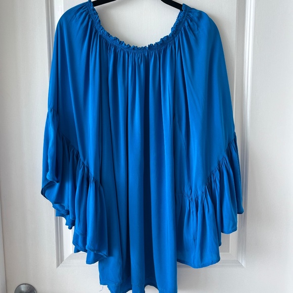Elan Royal Blue Flowy Off-Shoulder Top with Ruffle Sleeves – One Size - Picture 1 of 7